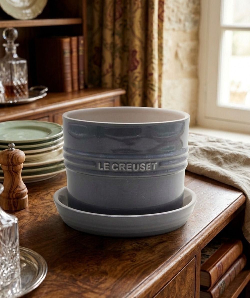 Le Creuset Herb Planter With Tray Stoneware Saucer 14cm / 5.5 In Gray Rare